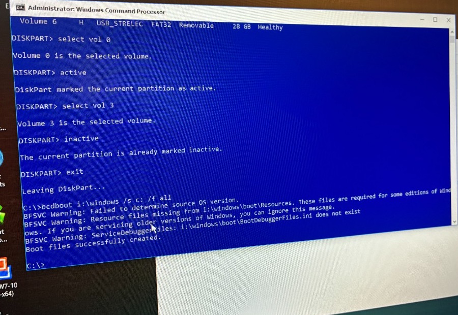 Comandi bcdboot e diskpart per ricostruzione avvio
